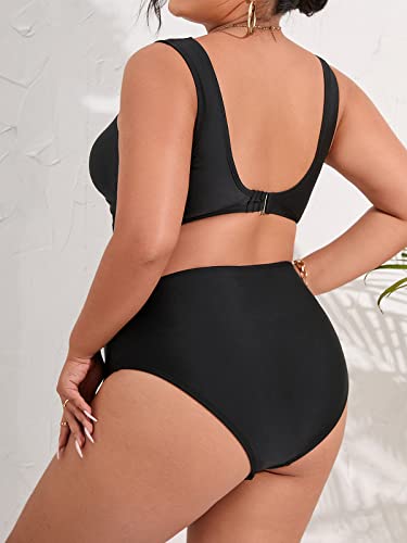 CUPSHE Conjunto de bikini para mujer, traje de baño de talla grande, traje de baño sin mangas, cintura media, cuello en V profundo, correas anchas, gancho trasero de malla, Negro -, XX-Large