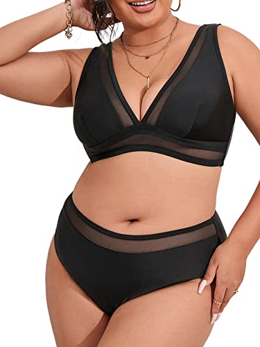 CUPSHE Conjunto de bikini para mujer, traje de baño de talla grande, traje de baño sin mangas, cintura media, cuello en V profundo, correas anchas, gancho trasero de malla, Negro -, XX-Large