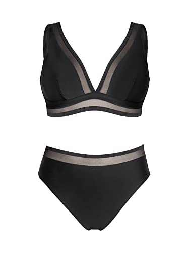 CUPSHE Conjunto de bikini para mujer, traje de baño de talla grande, traje de baño sin mangas, cintura media, cuello en V profundo, correas anchas, gancho trasero de malla, Negro -, XX-Large