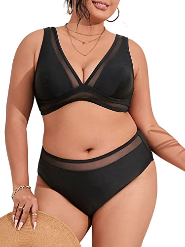 CUPSHE Conjunto de bikini para mujer, traje de baño de talla grande, traje de baño sin mangas, cintura media, cuello en V profundo, correas anchas, gancho trasero de malla, Negro -, XX-Large