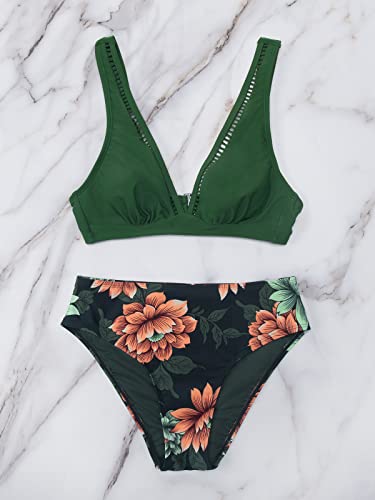 CUPSHE Mujer Traje de baño de Bikini de Talle Medio Traje de baño de Dos Piezas con Gancho en la Espalda con Escote Pronunciado Floral XL Verde Azulado