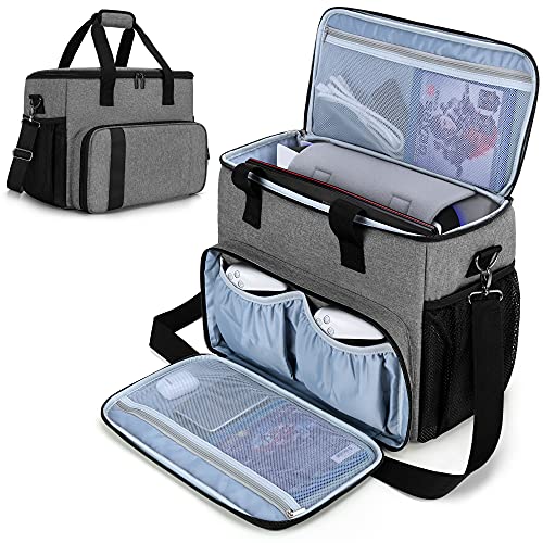 CURMIO Bolsa PS5, Bolsa Transporte PS5, Estuche para PS5, Bolsa de Viaje Compatible con PS5, PS4, PS4 Pro, Bolsa Consola, Controladores, Juegos y Accesorios,Gris(Sólo Bolsa, Patente Pendiente)