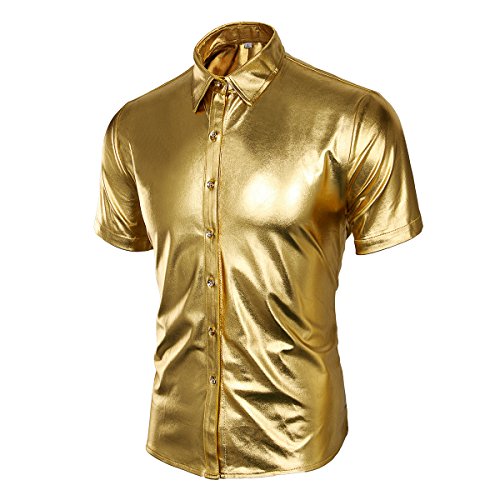 CUSFULL Camisa Hombre con Manga Corta Slim Fit para Fiesta/Discoteca/Baile de Disfraces/Máscara Camisa Casual Steampunk Cuello Italiano Botón Redondo Halloween Dorado/Plateado (M, Dorado)