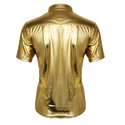 CUSFULL Camisa Hombre con Manga Corta Slim Fit para Fiesta/Discoteca/Baile de Disfraces/Máscara Camisa Casual Steampunk Cuello Italiano Botón Redondo Halloween Dorado/Plateado (M, Dorado)