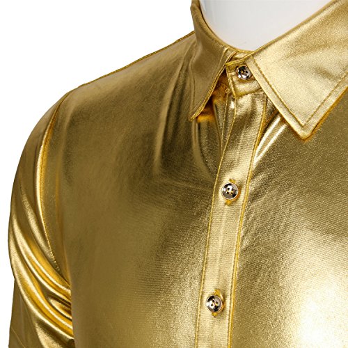 CUSFULL Camisa Hombre con Manga Corta Slim Fit para Fiesta/Discoteca/Baile de Disfraces/Máscara Camisa Casual Steampunk Cuello Italiano Botón Redondo Halloween Dorado/Plateado (M, Dorado)