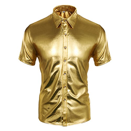 CUSFULL Camisa Hombre con Manga Corta Slim Fit para Fiesta/Discoteca/Baile de Disfraces/Máscara Camisa Casual Steampunk Cuello Italiano Botón Redondo Halloween Dorado/Plateado (M, Dorado)