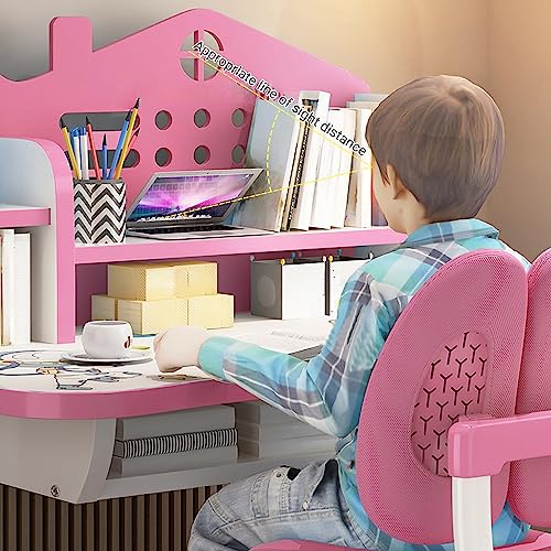 CUSROS Juego de sillas de mesa para niños, juego de sillas de escritorio para niños y niñas, mesa de estudio de escritura ajustable en altura, escritorio de lectura ergonómico con cajón, estantería