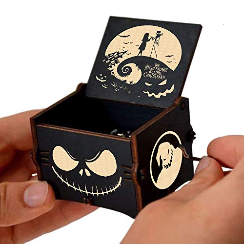 Cuzit Caja de música de madera con texto en inglés "This is Halloween Tune" The Nightmare Before Christmas" grabada con manivela de mano, caja musical de madera