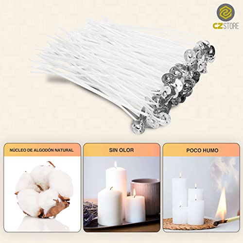 CZ Store Pack 150 Mechas para Velas |9x17.5x20CM|✮✮GARANTÍA DE por Vida✮✮| Algodón Orgánico Natural, Pre Encerado con Cera de Soja - Larga Duración, Combustión Limpia, Sin Humo Negro