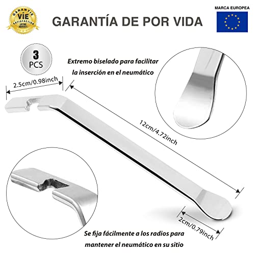 CZ Store Palanca Neumáticos Bicicleta | Juego de 3 | Metal - ✮✮GARANTÍA DE por Vida✮✮ - con Gancho Curvo, Herramienta Acero Inoxidable - Accesorios de Reparación y Mantenimiento de BMX, MTB