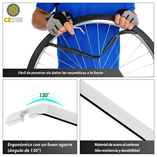 CZ Store Palanca Neumáticos Bicicleta | Juego de 3 | Metal - ✮✮GARANTÍA DE por Vida✮✮ - con Gancho Curvo, Herramienta Acero Inoxidable - Accesorios de Reparación y Mantenimiento de BMX, MTB