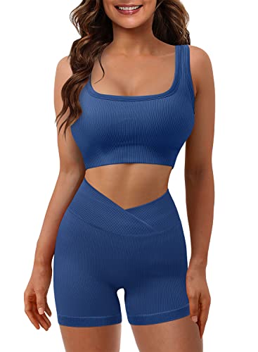 CZIMOO Conjunto Deportivo Mujer Chándal Conjunto de yoga Ropa con estilo Sujetador de gimnasia Ropa de entrenamiento Leggings Pantalones cortos Sólido 2 piezas Azul S