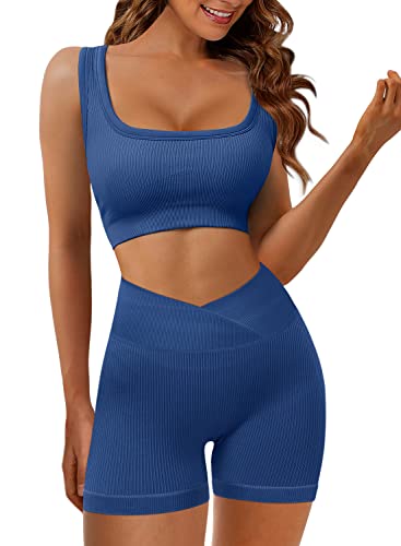 CZIMOO Conjunto Deportivo Mujer Chándal Conjunto de yoga Ropa con estilo Sujetador de gimnasia Ropa de entrenamiento Leggings Pantalones cortos Sólido 2 piezas Azul S