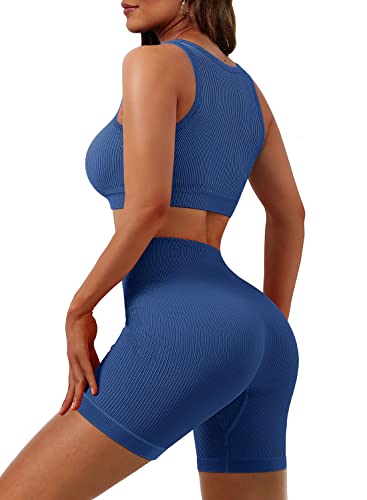 CZIMOO Conjunto Deportivo Mujer Chándal Conjunto de yoga Ropa con estilo Sujetador de gimnasia Ropa de entrenamiento Leggings Pantalones cortos Sólido 2 piezas Azul S