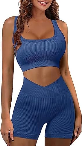 CZIMOO Conjunto Deportivo Mujer Chándal Conjunto de yoga Ropa con estilo Sujetador de gimnasia Ropa de entrenamiento Leggings Pantalones cortos Sólido 2 piezas Azul S