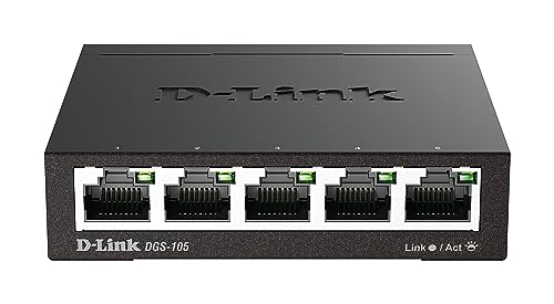 D-Link DGS-105 - Switch de red (5 puertos Gigabit RJ-45, 10/100/1000 Mbps, chasis metálico, IGMP snooping, autosensing, priorización de tráfico QoS 802.1p) color negro