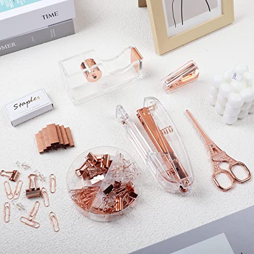 DaizySight Grapadora Oficina y Papeleria Niña Mujeres - Set Oro Rosa, Papelería Aesthetic para Decoracion Escritorio, con Grapas/Dispensador Cinta Adhesiva/Clips de Papel