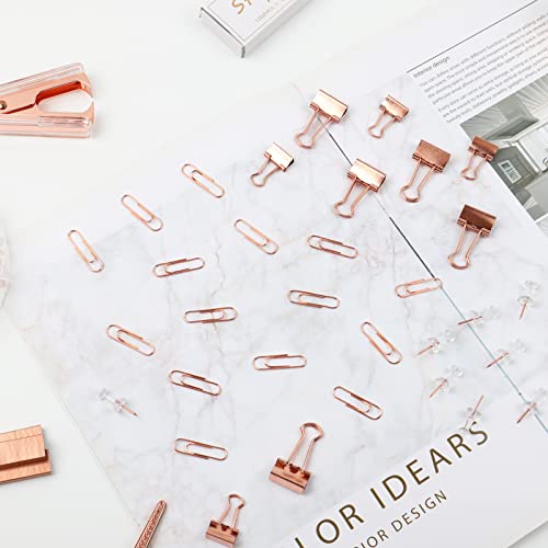 DaizySight Grapadora Oficina y Papeleria Niña Mujeres - Set Oro Rosa, Papelería Aesthetic para Decoracion Escritorio, con Grapas/Dispensador Cinta Adhesiva/Clips de Papel