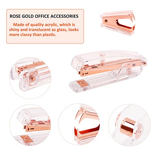 DaizySight Grapadora Oficina y Papeleria Niña Mujeres - Set Oro Rosa, Papelería Aesthetic para Decoracion Escritorio, con Grapas/Dispensador Cinta Adhesiva/Clips de Papel