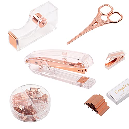 DaizySight Grapadora Oficina y Papeleria Niña Mujeres - Set Oro Rosa, Papelería Aesthetic para Decoracion Escritorio, con Grapas/Dispensador Cinta Adhesiva/Clips de Papel