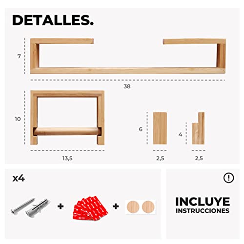 danhol® Accesorios de Baño, 4 Piezas con y Sin Taladrar, Accesorios de Bambu, Toalleros de Baño, Portarrollos, Colgador Adhesivos de Madera