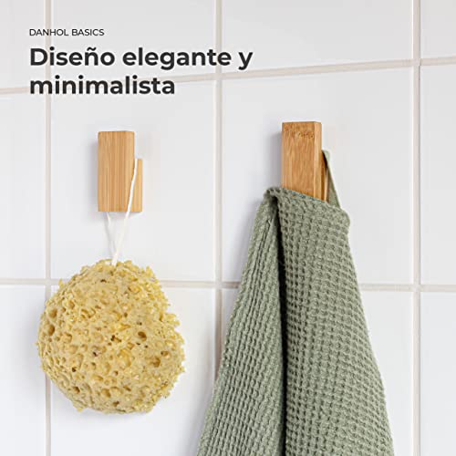 danhol® Accesorios de Baño, 4 Piezas con y Sin Taladrar, Accesorios de Bambu, Toalleros de Baño, Portarrollos, Colgador Adhesivos de Madera