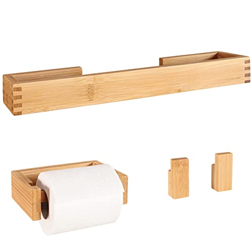 danhol® Accesorios de Baño, 4 Piezas con y Sin Taladrar, Accesorios de Bambu, Toalleros de Baño, Portarrollos, Colgador Adhesivos de Madera