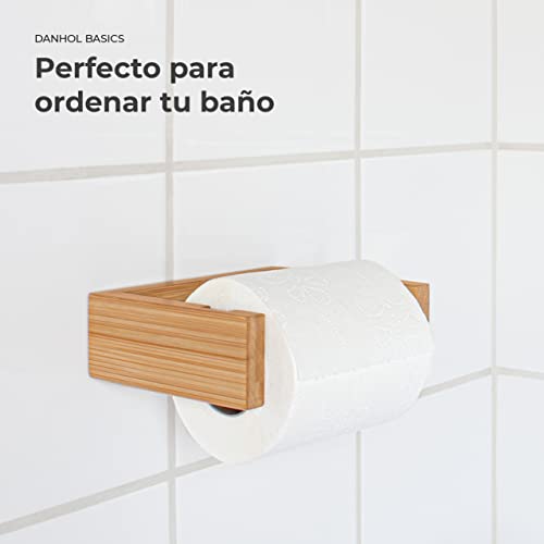 danhol® Accesorios de Baño, 4 Piezas con y Sin Taladrar, Accesorios de Bambu, Toalleros de Baño, Portarrollos, Colgador Adhesivos de Madera