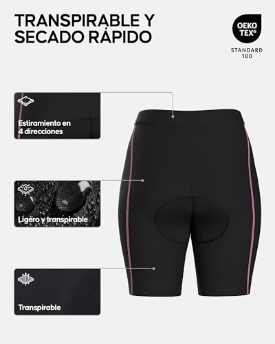 DANISH ENDURANCE Pantalón Corto Acolchados con Gel 3D de Ciclismo para Mujer, Elásticos, Transpirables, Negro/Rosa, S