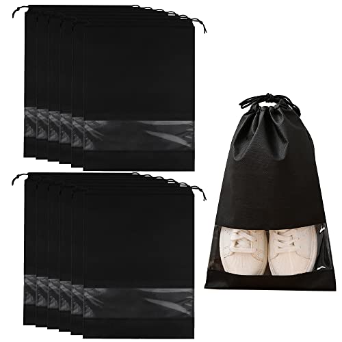 Dantolo 12pcs No Tejida Bolsa Zapatos Negro Portátil Prueba de Humedad Almacenamiento Bolsa para Viajes Hogar con Cordón Portátil con Ventana Transparent 44x32cm