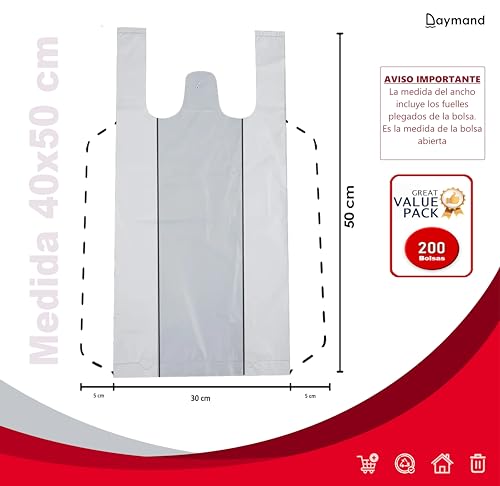 DAYMAND STORE | Bolsas Plastico | Bolsas de Plastico | ECONOMICAS | 200 uds | 40x50cm (Ver imágen) | Bolsas Aptas para Uso Alimentario | Bolsas de Plastico con Asas | Bolsas Plastico Asas | Galga 50 |