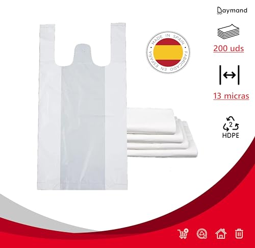 DAYMAND STORE | Bolsas Plastico | Bolsas de Plastico | ECONOMICAS | 200 uds | 40x50cm (Ver imágen) | Bolsas Aptas para Uso Alimentario | Bolsas de Plastico con Asas | Bolsas Plastico Asas | Galga 50 |