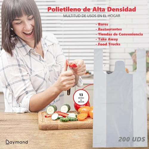 DAYMAND STORE | Bolsas Plastico | Bolsas de Plastico | ECONOMICAS | 200 uds | 40x50cm (Ver imágen) | Bolsas Aptas para Uso Alimentario | Bolsas de Plastico con Asas | Bolsas Plastico Asas | Galga 50 |