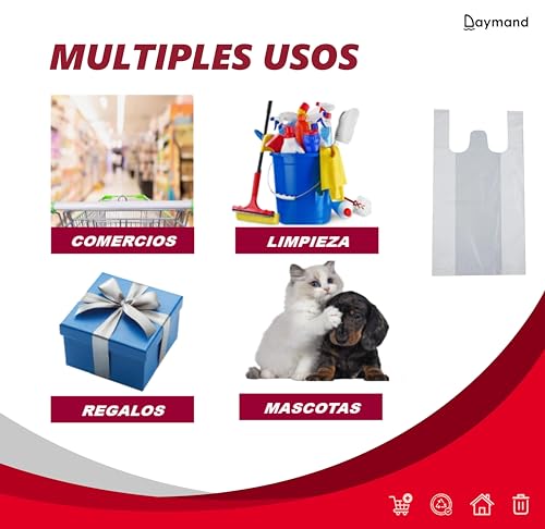 DAYMAND STORE | Bolsas Plastico | Bolsas de Plastico | ECONOMICAS | 200 uds | 40x50cm (Ver imágen) | Bolsas Aptas para Uso Alimentario | Bolsas de Plastico con Asas | Bolsas Plastico Asas | Galga 50 |