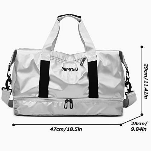 DBPBToU Bolsa de Viaje Mujer Hombre Bolsa Deporte con Compartimento para Zapatos y Compartimento para Humedad, Bolsa de Gimnasio de Mano con Soporte para Esterilla de Yoga (Plata)