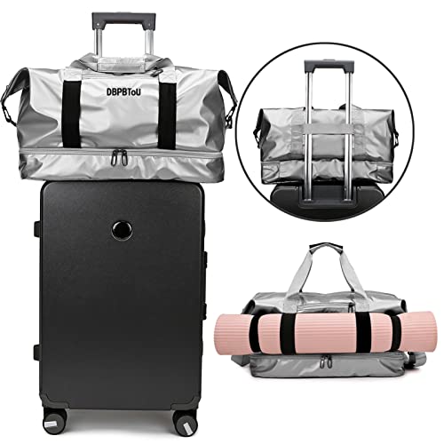 DBPBToU Bolsa de Viaje Mujer Hombre Bolsa Deporte con Compartimento para Zapatos y Compartimento para Humedad, Bolsa de Gimnasio de Mano con Soporte para Esterilla de Yoga (Plata)