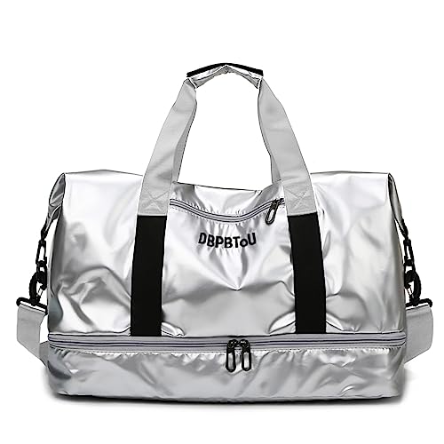 DBPBToU Bolsa de Viaje Mujer Hombre Bolsa Deporte con Compartimento para Zapatos y Compartimento para Humedad, Bolsa de Gimnasio de Mano con Soporte para Esterilla de Yoga (Plata)