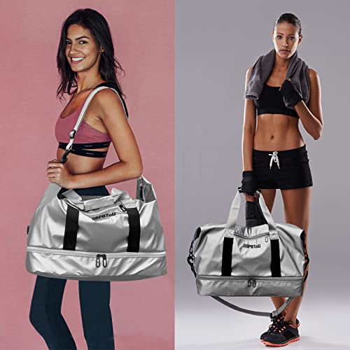 DBPBToU Bolsa de Viaje Mujer Hombre Bolsa Deporte con Compartimento para Zapatos y Compartimento para Humedad, Bolsa de Gimnasio de Mano con Soporte para Esterilla de Yoga (Plata)