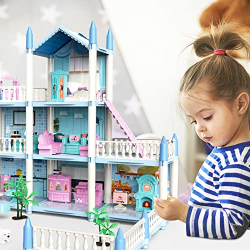 deAO Casa de Muñecas Villa para Niñas con Muñecas 3 Pisos con Muebles y Toboganes, Escaleras, Vallas, Perro Muñeco, Princess Castle Playset Regalo para Niños de 3-7 Años (Azul)