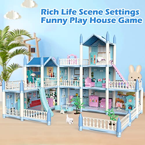 deAO Casa de Muñecas Villa para Niñas con Muñecas 3 Pisos con Muebles y Toboganes, Escaleras, Vallas, Perro Muñeco, Princess Castle Playset Regalo para Niños de 3-7 Años (Azul)