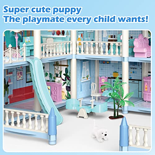 deAO Casa de Muñecas Villa para Niñas con Muñecas 3 Pisos con Muebles y Toboganes, Escaleras, Vallas, Perro Muñeco, Princess Castle Playset Regalo para Niños de 3-7 Años (Azul)