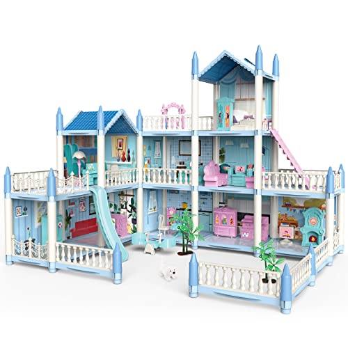 deAO Casa de Muñecas Villa para Niñas con Muñecas 3 Pisos con Muebles y Toboganes, Escaleras, Vallas, Perro Muñeco, Princess Castle Playset Regalo para Niños de 3-7 Años (Azul)