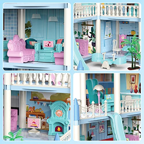 deAO Casa de Muñecas Villa para Niñas con Muñecas 3 Pisos con Muebles y Toboganes, Escaleras, Vallas, Perro Muñeco, Princess Castle Playset Regalo para Niños de 3-7 Años (Azul)