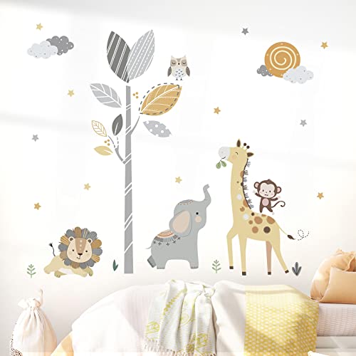 decalmile Pegatinas de Pared Animales de la Jungla Árbol Vinilos Decorativos Safari Jirafa Elefante León Adhesivos Pared Habitación Infantiles Niños Bebés Guardería