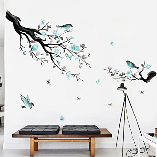 decalmile Pegatinas de Pared Árbol de Flores Azul Vinilos Decorativos Aves en Rama Árbol Adhesivos Pared Dormitorio Salón Oficina