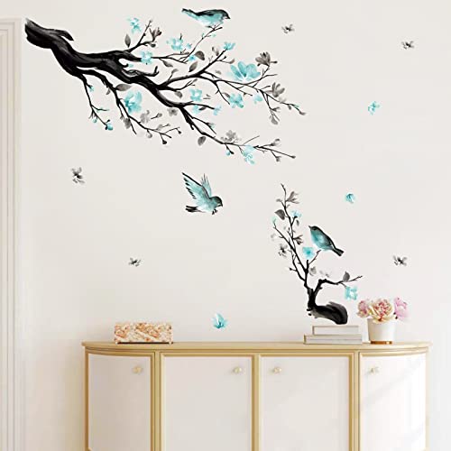 decalmile Pegatinas de Pared Árbol de Flores Azul Vinilos Decorativos Aves en Rama Árbol Adhesivos Pared Dormitorio Salón Oficina