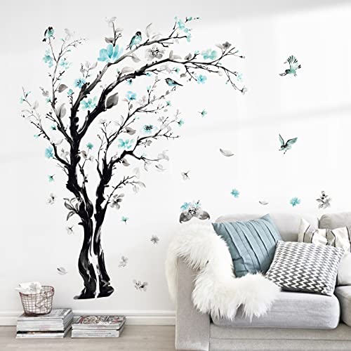 decalmile Pegatinas de Pared Árbol de Flores Azul Vinilos Decorativos Flor Acuarela Pájaros Adhesivos Pared Dormitorio Salón Oficina