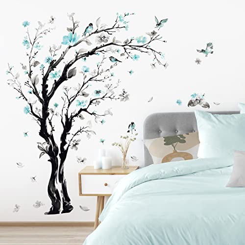 decalmile Pegatinas de Pared Árbol de Flores Azul Vinilos Decorativos Flor Acuarela Pájaros Adhesivos Pared Dormitorio Salón Oficina