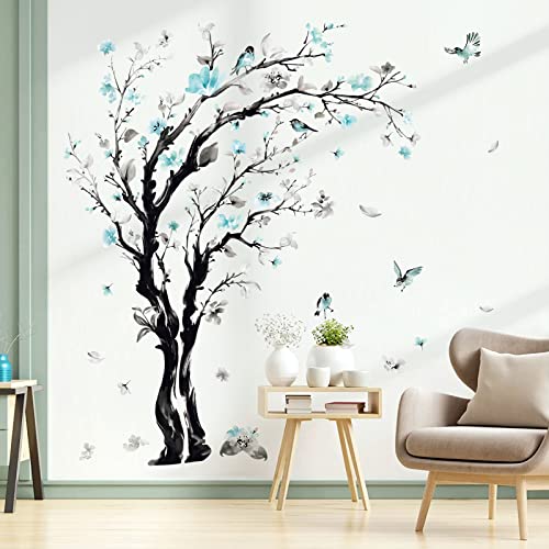 decalmile Pegatinas de Pared Árbol de Flores Azul Vinilos Decorativos Flor Acuarela Pájaros Adhesivos Pared Dormitorio Salón Oficina