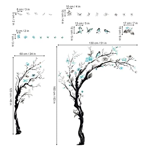 decalmile Pegatinas de Pared Árbol de Flores Azul Vinilos Decorativos Flor Acuarela Pájaros Adhesivos Pared Dormitorio Salón Oficina